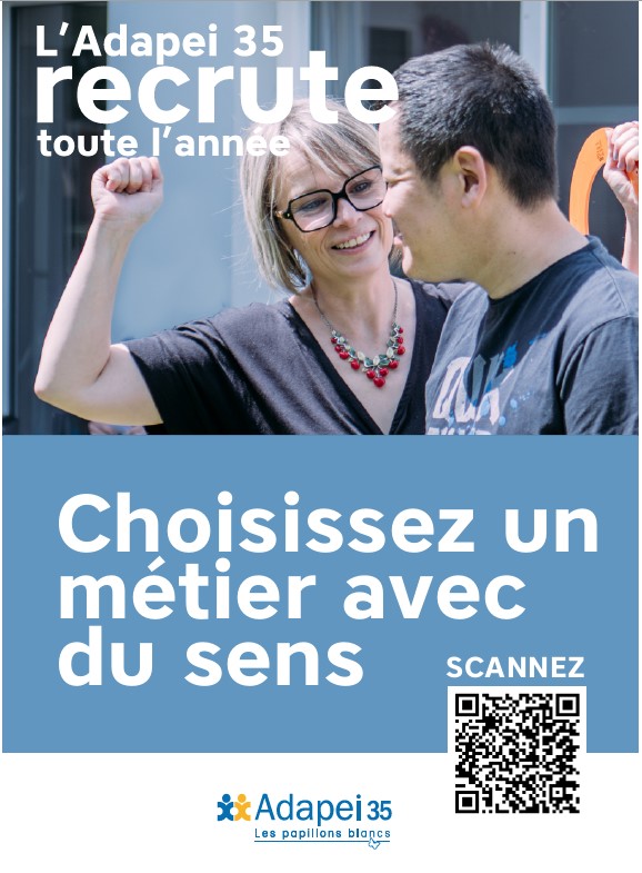 Affiche l'Adapei recrute toute l'année, choisissez un métier avec du sens.