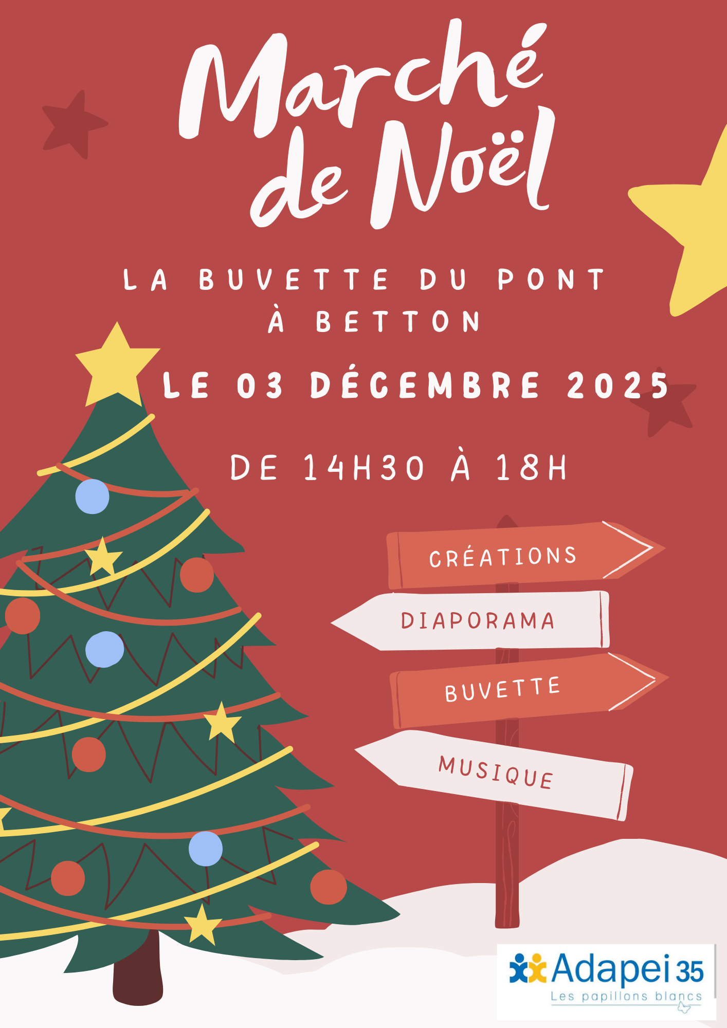 Marché de Noel organisé par les foyers de vie de la Bunelais et des Estuaires, avec des décorations de Noë et des informations pratiques