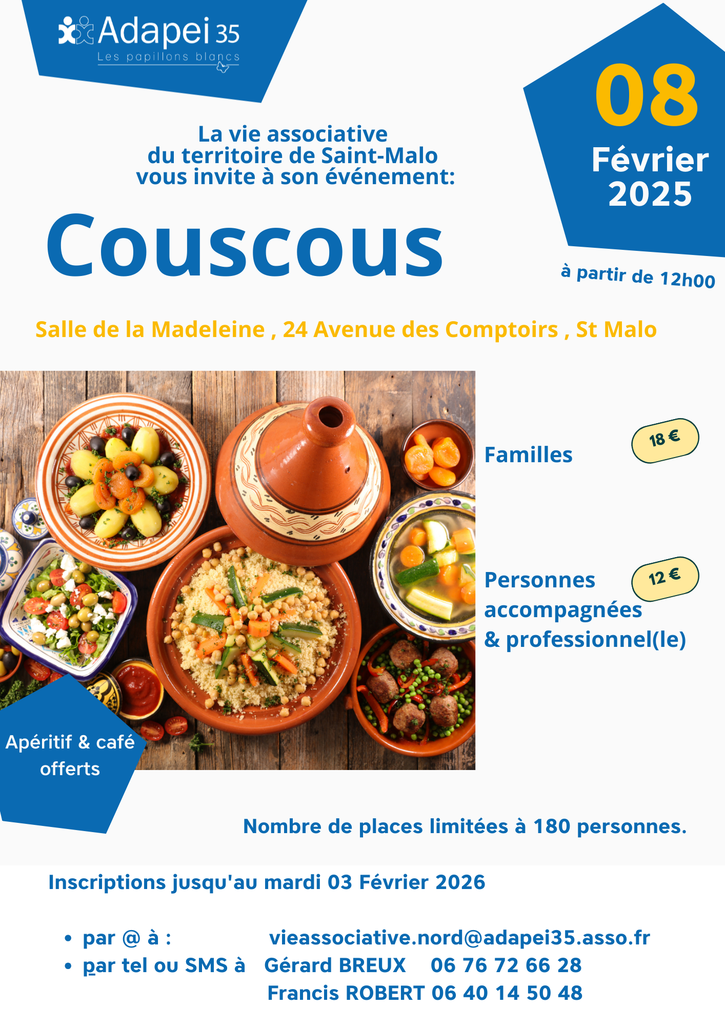 Affiche annonçant un repas couscous organisé par l’Adapei 35 le 8 février 2026 à Saint-Malo, avec informations sur les tarifs, le lieu et les modalités d’inscription.