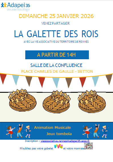 Affiche de l'invitation à la Galette des Rois 2026 du territoire de Rennes de l'Adapei 35.