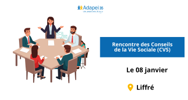 Participants échangeant lors de la rencontre annuelle des Conseils de la Vie Sociale de l’Adapei 35, avec des personnes accompagnées, familles et professionnels réunis pour partager expériences et idées.