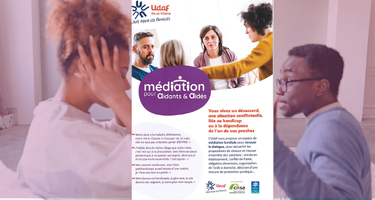 Visuel informatif annonçant un service de médiation pour aidants et aidés proposé par l’Udaf 35 en Ille-et-Vilaine.