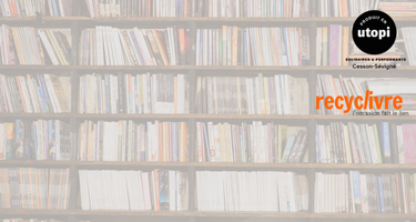 Bannière présentant le partenariat entre Produit en Utopi et Recyclivre, avec un fond de bibliothèque et les logos des deux acteurs engagés pour le réemploi des livres.