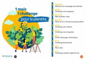 Calendrier « 1 mois, 1 challenge pour la planète » présentant un défi écologique à relever chaque mois de l’année.